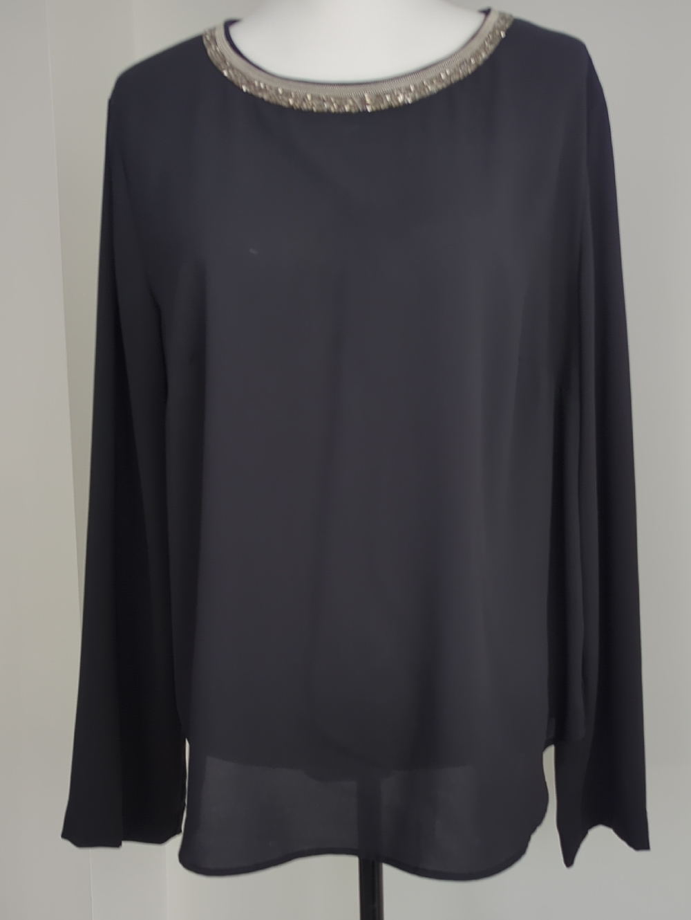 H&M Black Chiffon Long Sleeve Blouse Beaded Neckline Embellished Collar Top